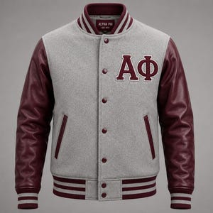 Alpha Phi Varsity Jacket, Custom Greek Letter Bomber Jacket, Embroidered Wool Leather Fraternity Apparel