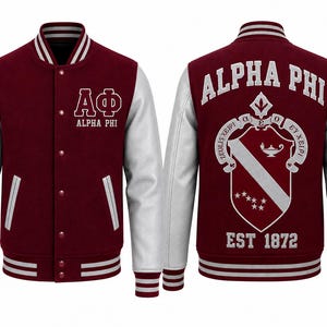 Alpha Phi ΑΦ Varsity Bomber, Women's Greek Letter Apparel, Embroidered Wool Leather Sorority Outerwear