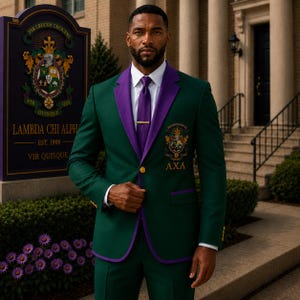 May include: A dark green suit jacket with purple lapel trim, a white dress shirt, and a purple necktie with a gold tie bar. The jacket features a gold button and an embroidered crest with the Greek letters AXA on the chest pocket area.