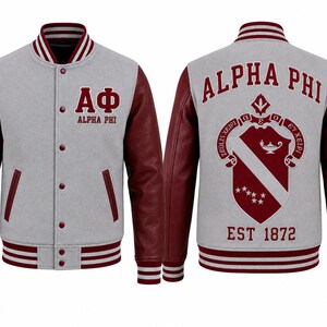 Alpha Phi Women's Varsity Jacket, Greek Letter Bomber Jacket, Sorority Embroidered Wool Leather Jacket