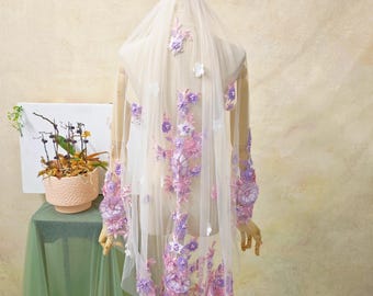 Dreamy Lavender Pink 3D Floral Bridal Veil, Soft Fairy Garden Wedding Veil, Handmade Pastel Tulle Veil,Custom Veil