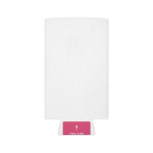 May include: A white drinks can cooler with a pink base. The base has a wine glass icon and the text "FINAL FLING". The cooler is designed to keep drinks cold.
