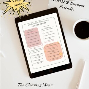 May include: A digital tablet displaying a Zero Overwhelm Cleaning Menu checklist with sections for appetizers, main courses, sides, and desserts. The screen features checkboxes and text, with a 2-Page Bundle graphic and ADHD & Burnout Friendly text.