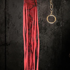 Könnte beinhalten: Ein Accessoire mit rot-schwarzem Schlangenledermuster, bestehend aus einem rechteckigen Paneel mit silberfarbenen Metallösen. Lange, dünne, einfarbig rote Fransenstreifen hängen unten herab. Eine silberfarbene Metallkette mit Ring ist oben befestigt.