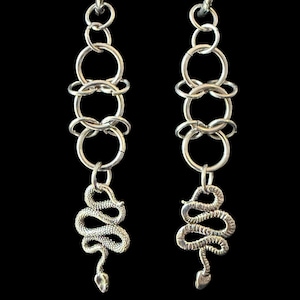 Può includere: Un paio di orecchini pendenti color argento caratterizzati da una catena verticale di anelli metallici circolari intrecciati. Alla base di ogni orecchino pende un ciondolo a forma di serpente arrotolato e testurizzato con squame.