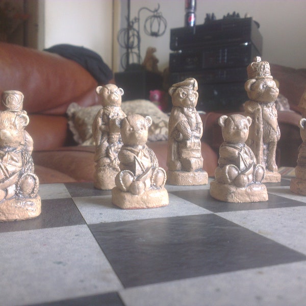 Handmade Stonecast Teddy Bear Winnie the Pooh style Chess Set in Bear Brown and Bear Tan with Optional Chess Mat