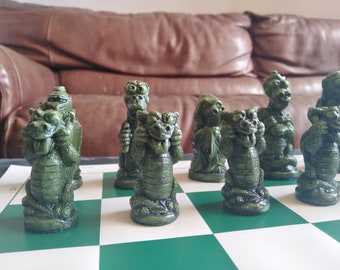 Cheeky Dragons Chess Set in Dragon Green and Flame Red with Optional Vinyl Chess Mat