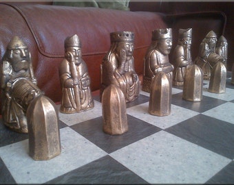 Isle of Lewis Chess Set - Rare Queens - Biting Rooks - Aged Bronze and Pewter Effect with Optional Vinyl Chess Board