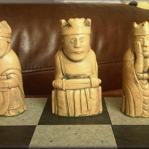 Authentic Isle of Lewis Chess Set plus Two Extra Queens Deep Walnut and Mellow Ivory with optional Vinyl Chess Board image 2