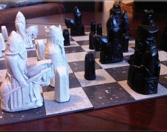 Isle of Lewis Chess Set - Classic Jet Black and Two Extra Queens with optional Vinyl Chess Board