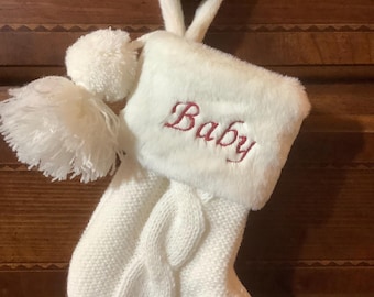 MINI 8&quot; cream (white) Personalized Knit Stocking