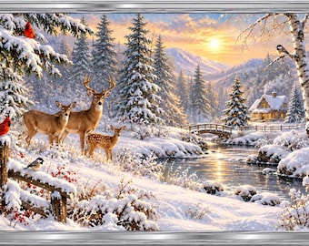 May include: A framed winter landscape painting featuring a buck, a doe, and a fawn standing in snow near a frozen stream. The scene includes snow-covered pine trees, a small wooden bridge, a cozy cabin, and several birds, including red cardinals.