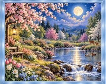 May include: A framed landscape painting depicting a moonlit river scene with a glowing lantern hanging from a blooming cherry tree, a wooden bench, a rabbit, colorful tulips, daisies, two ducks in the water, and deer in the distance.