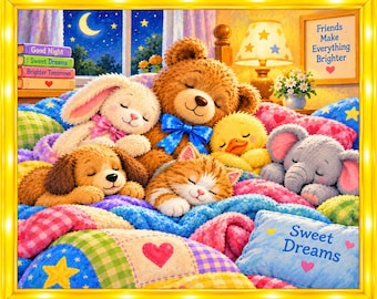 May include: A colorful illustration of a teddy bear, bunny, puppy, kitten, duckling, and elephant sleeping together on a patchwork quilt. The scene includes a window with a crescent moon, a lamp, and text reading "Friends Make Everything Brighter" and "Sweet Dreams".