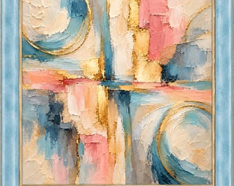 May include: A square framed painting featuring thick, textured impasto brushstrokes in shades of blue, pink, cream, and gold leaf. The composition includes circular forms and vertical lines, all enclosed within a light blue wooden frame.