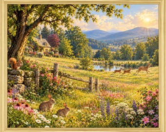 May include: A framed landscape painting depicting a sunlit meadow with a stone cottage, a large tree, and a stone wall. The scene features two rabbits in the foreground, a squirrel on the wall, and three deer running across the grassy field.