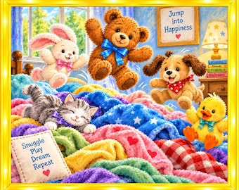 May include: A colorful illustration featuring a brown teddy bear, a white rabbit, a puppy, and a yellow duckling playing on a pile of textured blankets. The image includes text that reads Jump into Happiness and Snuggle Play Dream Repeat.