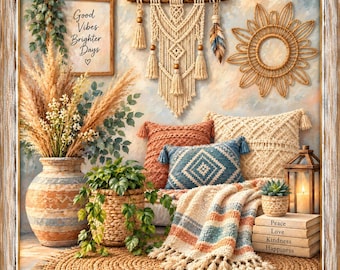 May include: A wall art print featuring a macrame wall hanging, a rattan sunburst mirror, a terracotta vase with pampas grass, a woven basket with a trailing plant, decorative pillows, a striped throw blanket, and a stack of books labeled with words.