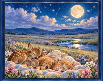 May include: A framed wall art print depicting a fawn, a rabbit, a puppy, a kitten, and a lamb sleeping together on a colorful blanket in a wildflower meadow under a full moon, starry night sky, and rolling mountains near a flowing river.