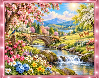 May include: A rectangular diamond painting kit featuring a vibrant landscape with a stone bridge over a flowing stream, blooming pink and white trees, colorful spring flowers, a blue bird, a butterfly, two deer, and two rabbits under a bright sun.