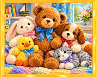 May include: A collection of plush toys including a large brown teddy bear with a blue bow, a white rabbit with a pink bow, a yellow duck with a blue bow, a brown and white puppy with a red bow, and a gray tabby kitten with a purple bow.