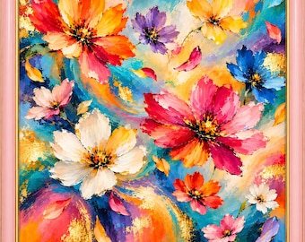 May include: A square painting in a light pink frame featuring a vibrant floral composition with thick, textured brushstrokes. The artwork displays large blossoms in shades of red, orange, white, blue, and purple against a swirling, colorful background.