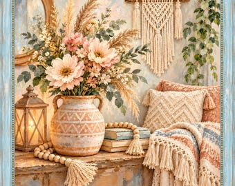 May include: A framed wall art print featuring a ceramic vase filled with pink flowers and pampas grass, a lantern, a macrame wall hanging, stacked books, and a fringed throw blanket in a soft, neutral color palette with light blue accents.