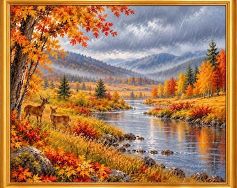May include: A framed landscape painting depicting two deer standing on a riverbank surrounded by vibrant autumn foliage in shades of orange, yellow, and red. A flowing river winds through the valley toward distant mountains under a rainy sky.