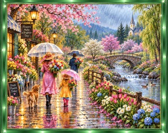 May include: A jigsaw puzzle depicting a rainy village scene with a person in a pink coat, a child in a yellow coat, and a dog walking past a flower shop. The shop sign reads Flowers Make a Brighter Day and Fresh Flowers Today near a stone bridge.