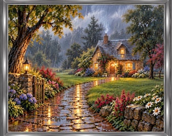 May include: A framed landscape painting depicting a stone cottage with glowing windows and a chimney emitting smoke. A wet cobblestone path leads to the entrance, flanked by colorful flowers, green grass, and trees under a rainy sky.