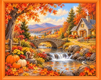 May include: A framed landscape painting depicting an autumn scene with a stone cottage, a stone bridge over a waterfall, and a lake in the distance. The foreground features orange and white pumpkins, a squirrel on a rock, and a small bird.