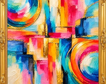 May include: A square abstract painting featuring thick, textured impasto brushstrokes in vibrant shades of blue, pink, orange, yellow, and white. The composition includes circular forms and vertical blocks, all encased in an ornate, metallic gold frame.