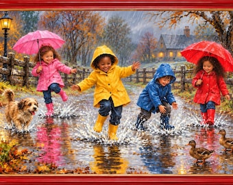 May include: A framed painting depicting four children in colorful raincoats and boots splashing in puddles on a wet path. One child holds a pink umbrella, another a red umbrella, while a small dog and two ducks are nearby in the autumn scene.