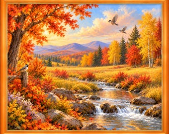 May include: A framed landscape painting depicting an autumn scene with a flowing stream over rocks, vibrant orange and yellow foliage on trees, and three small birds. The background features distant mountains under a soft, golden sunset sky.