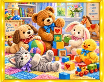 May include: A colorful illustration featuring a brown teddy bear with a blue bow, a puppy, a white bunny, a gray kitten, and a yellow duckling playing with wooden blocks, a ball, and a toy train. A sign reads Little Friends Big Adventures.