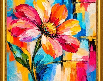 May include: An oil painting in a gold frame featuring a large, multi-colored flower with thick, textured brushstrokes. The petals display shades of pink, orange, yellow, and white, while the background consists of a vibrant, abstract grid of blue, yellow, pink, and orange blocks.