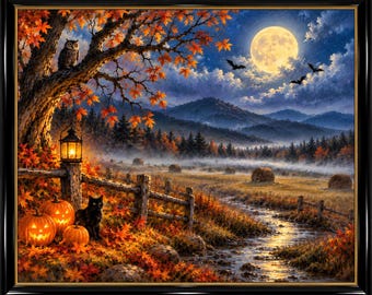 May include: A framed wall art print depicting an autumn landscape at night with a full moon, a large tree with orange leaves, an owl, a black cat, two glowing jack-o'-lanterns, a wooden fence, a lantern, and a stream flowing through a field.