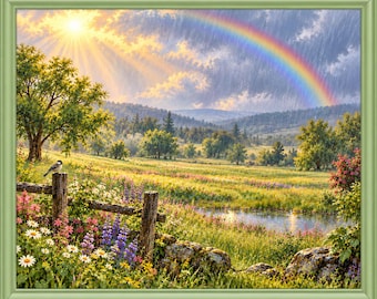 May include: A framed landscape painting depicting a sunlit meadow with a wooden fence, a small bird perched on a post, a stream, and a vibrant rainbow stretching across a cloudy sky above distant rolling hills and green trees.