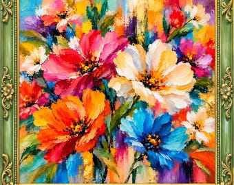 May include: An oil painting featuring a vibrant bouquet of flowers in shades of red, orange, yellow, white, and blue, rendered with thick, textured brushstrokes. The artwork is encased in an ornate, sage green frame with gold floral accents.