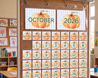 Calendario de aula con calabazas de cuadros otoñales / Kit para la reunión matutina / Calendario para pizarra de bolsillo / Decoración imprimible / Descarga instantánea