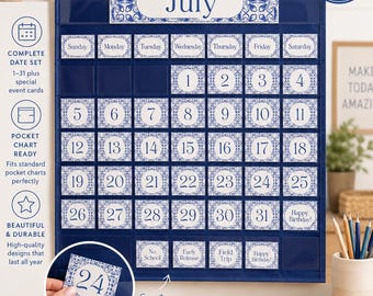 Pacchetto calendario blu mediterraneo: mesi, giorni, date e bordi, download immediato.