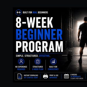 May include: A fitness program advertisement with a black and blue color scheme. The text reads "8-Week Beginner Program" and "CrossFit Style Training." A person stands in a gym, facing away from the viewer, with a barbell in front of them.