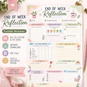 May include: An End of Week Reflection printable worksheet featuring sections for weekly wins, energy recap, self-care scorecard, and personal goals. The document includes pastel-coloured illustrations of plants, a coffee mug, and a rainbow, with text prompts for tracking habits and intentions in a structured layout.