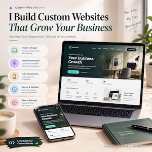 Peut inclure: Un ordinateur portable et un smartphone affichant la conception d'un site web personnalisé avec le texte I Build Custom Websites That Grow Your Business. L'écran présente des solutions de croissance, des statistiques et des fonctionnalités de service.
