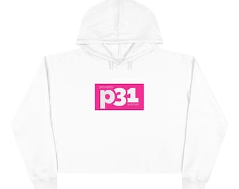 P31 Pink Logo Crop Hoodie | Retro Block Letter Graphic