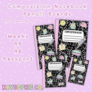 May include: Four rectangular composition notebook pencil boards with a black and white marble pattern, featuring pastel stickers of smiley faces, handheld games, hats, and pencils. The text reads Composition Book, Weeks, A5, A6, Passport, and KAYSOPHIE CO.