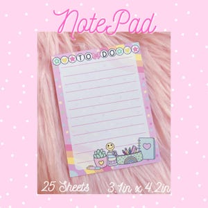 May include: A rectangular notepad with 25 sheets measuring 3.1 inches by 4.2 inches. The top header reads TO DO with colorful icons. The page features horizontal lines, a pastel rainbow border, and a bottom graphic of stationery items.