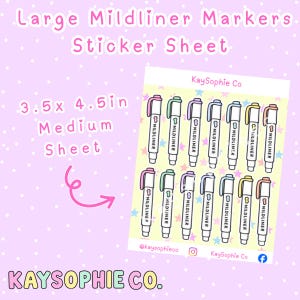 May include: A sticker sheet titled Large Mildliner Markers Sticker Sheet measuring 3.5x4.5in. The sheet features fourteen illustrations of Mildliner markers in various pastel colors arranged in two rows against a yellow background with stars.
