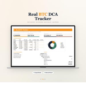 Könnte beinhalten: Ein Laptop-Bildschirm zeigt eine "Real BTC DCA Tracker"-Tabelle mit Finanzdaten, einschließlich Beständen und Investitionen. Ein Kreisdiagramm und die Texte "Google Sheets" und "Microsoft Excel" sind ebenfalls sichtbar. Der Tracker ist für Self-Custody, Sat-Stacking, Multi-Wallet und CAD-Preise.