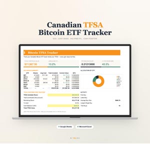 Peut inclure: Un écran d'ordinateur portable affiche un "Canadian TFSA Bitcoin ETF Tracker" avec des données financières, notamment la valeur du portefeuille, les avoirs et l'allocation par ETF. L'écran affiche un diagramme circulaire et des tableaux de données. Le texte "Google Sheets" et "Microsoft Excel" est en bas.